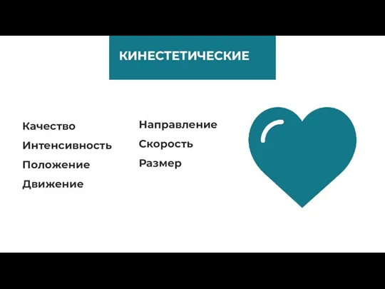 КИНЕСТЕТИЧЕСКИЕ Качество Интенсивность Положение Движение Направление Скорость Размер