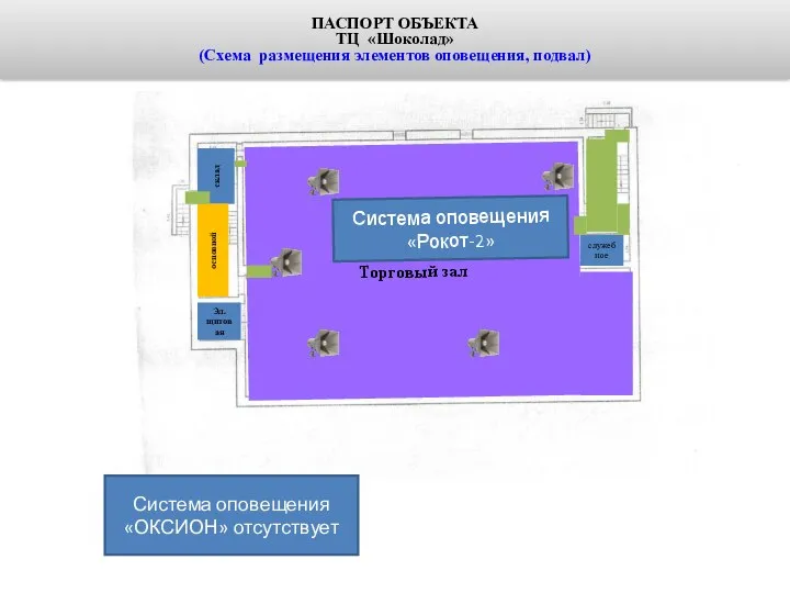 ПАСПОРТ ОБЪЕКТА ТЦ «Шоколад» (Схема размещения элементов оповещения, подвал) служебное Торговый