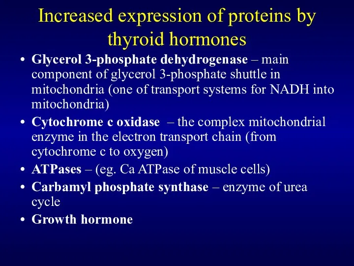 Increased expression of proteins by thyroid hormones Glycerol 3-phosphate dehydrogenase –