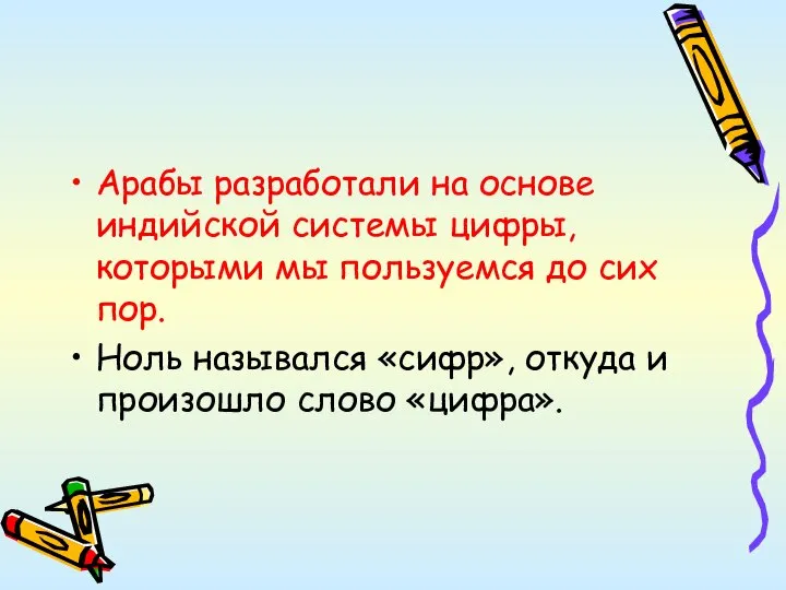 Арабы разработали на основе индийской системы цифры, которыми мы пользуемся до