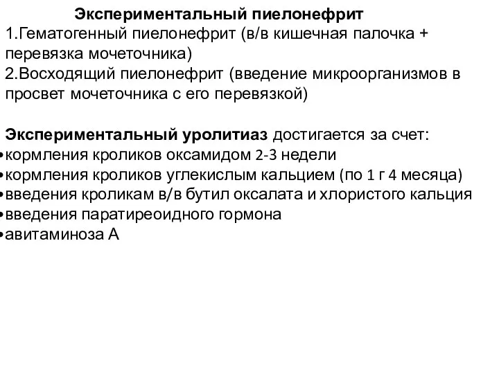 Экспериментальный пиелонефрит 1.Гематогенный пиелонефрит (в/в кишечная палочка + перевязка мочеточника) 2.Восходящий