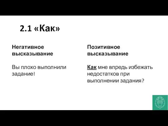 2.1 «Как» Негативное высказывание Вы плохо выполнили задание! Позитивное высказывание Как