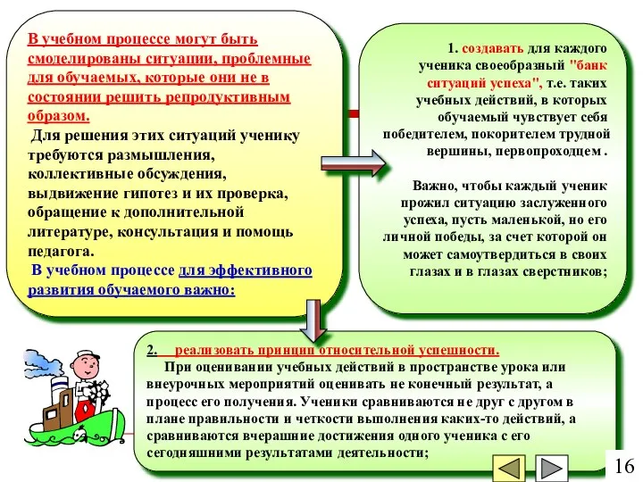 1. создавать для каждого ученика своеобразный "банк ситуаций успеха", т.е. таких