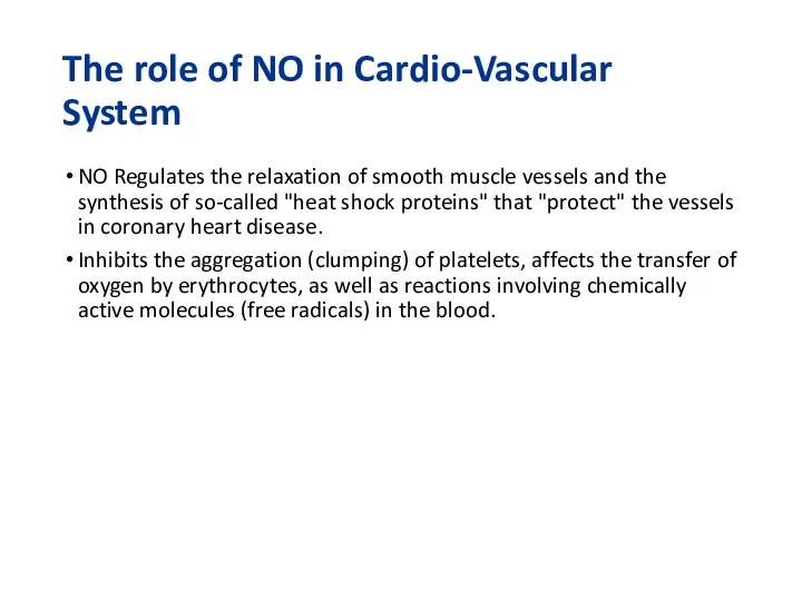 The role of NO in Cardio-Vascular System NO Regulates the relaxation