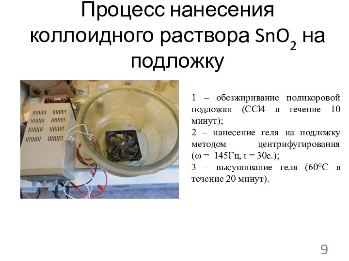 Процесс нанесения коллоидного раствора SnO2 на подложку 1 – обезжиривание поликоровой