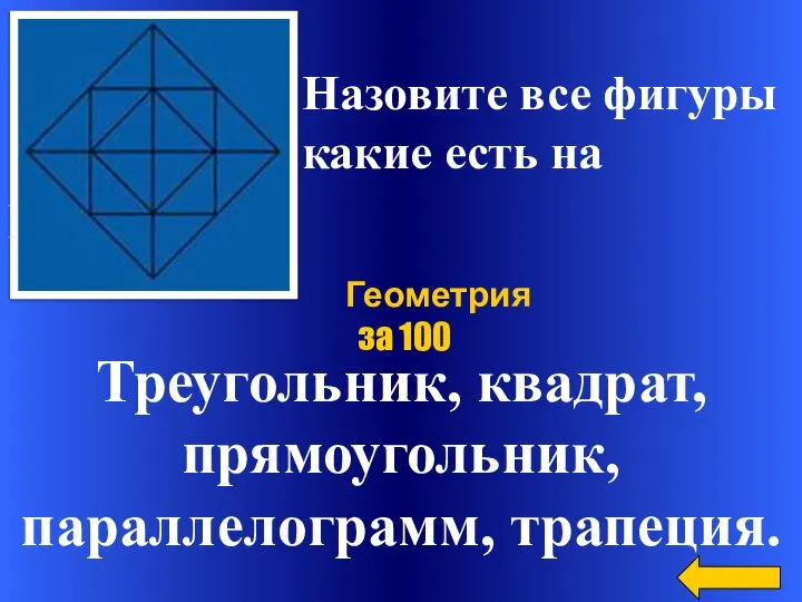 Назовите все фигуры какие есть на рисунке. Треугольник, квадрат, прямоугольник, параллелограмм, трапеция. Геометрия за 100