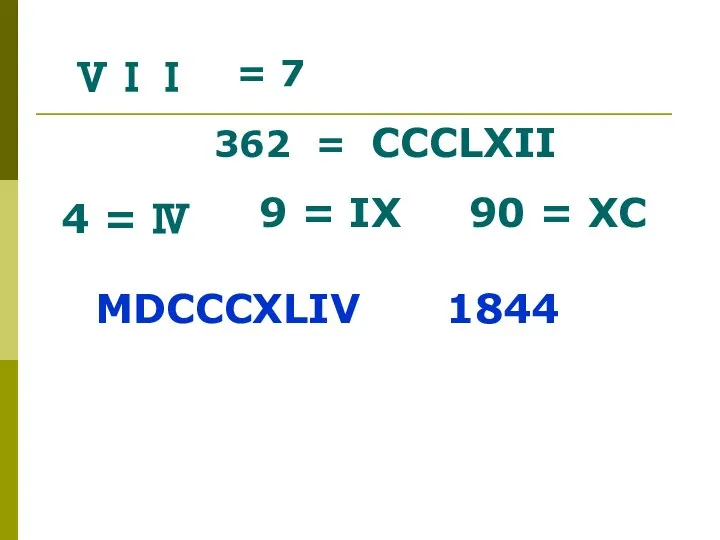 ⅤⅠⅠ = 7 362 = СССLXII 4 = Ⅳ 9 =