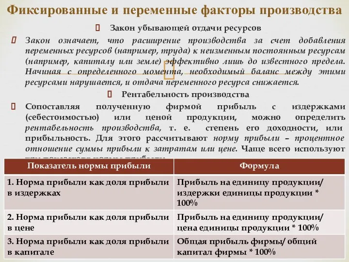 Закон убывающей отдачи ресурсов Закон означает, что расширение производства за счет