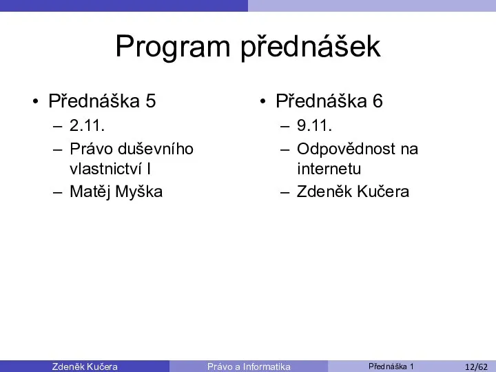 Zdeněk Kučera Přednáška 1 Právo a Informatika /11 Program přednášek Přednáška