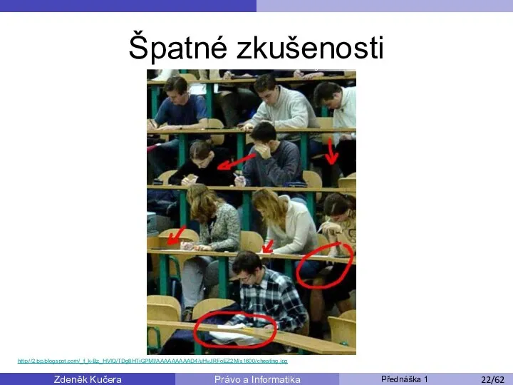 Zdeněk Kučera Přednáška 1 Právo a Informatika /11 Špatné zkušenosti http://2.bp.blogspot.com/_f_k-Bz_HVlQ/TDg8HTiGPMI/AAAAAAAAAD4/uHvJRFoEZ2M/s1600/cheating.jpg /53 /62