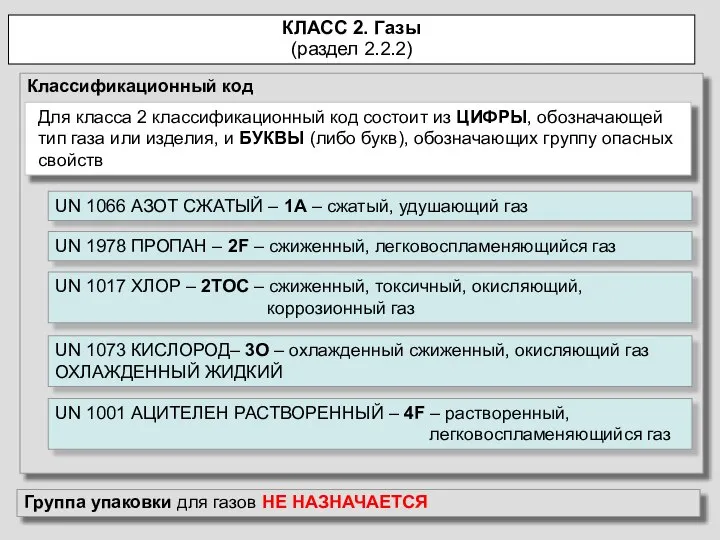 Классификационный код КЛАСС 2. Газы (раздел 2.2.2) Для класса 2 классификационный