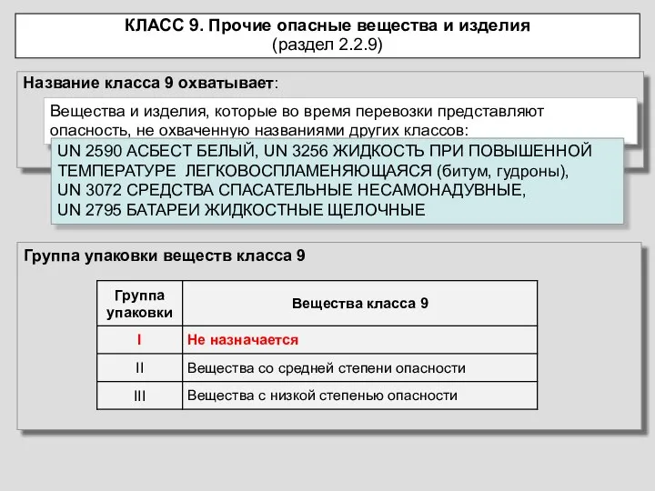 Название класса 9 охватывает: КЛАСС 9. Прочие опасные вещества и изделия