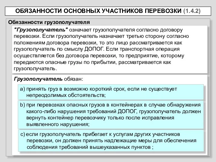 ОБЯЗАННОСТИ ОСНОВНЫХ УЧАСТНИКОВ ПЕРЕВОЗКИ (1.4.2) Обязанности грузополучателя "Грузополучатель" означает грузополучателя согласно