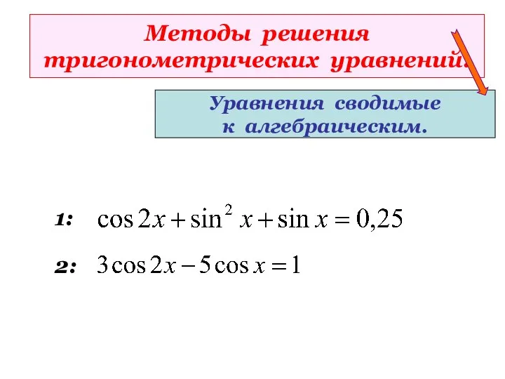 Методы решения тригонометрических уравнений. Уравнения сводимые к алгебраическим. 1: 2: