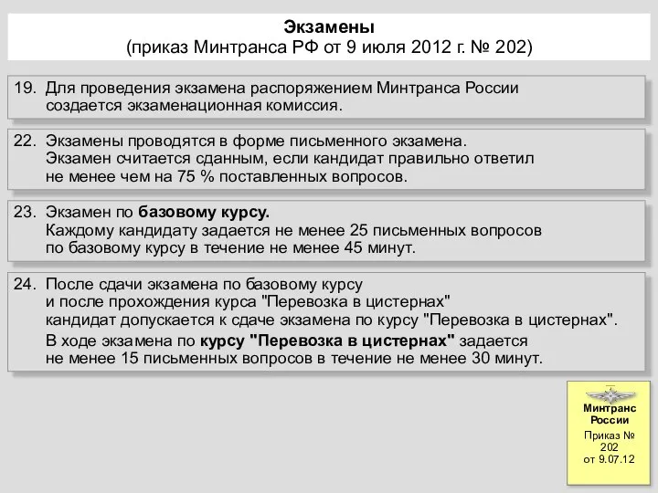 Экзамены (приказ Минтранса РФ от 9 июля 2012 г. № 202)