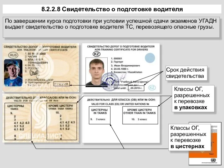 8.2.2.8 Свидетельство о подготовке водителя Классы ОГ, разрешенных к перевозке в