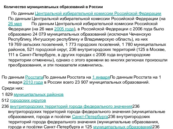 Количество муниципальных образований в России По данным Центральной избирательной комиссии Российской