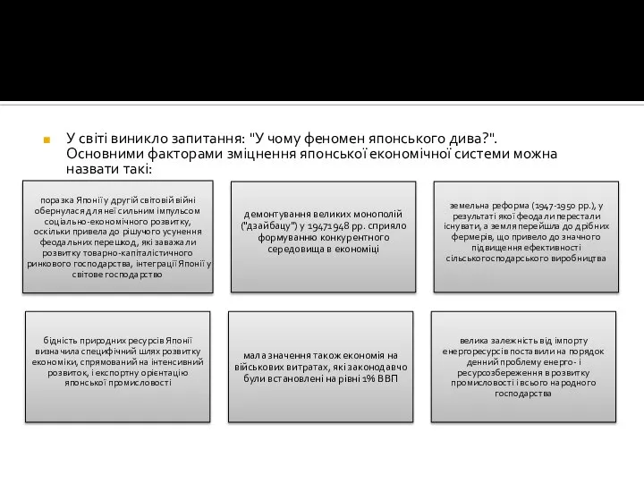 У світі виникло запитання: "У чому феномен японського дива?". Основними факторами