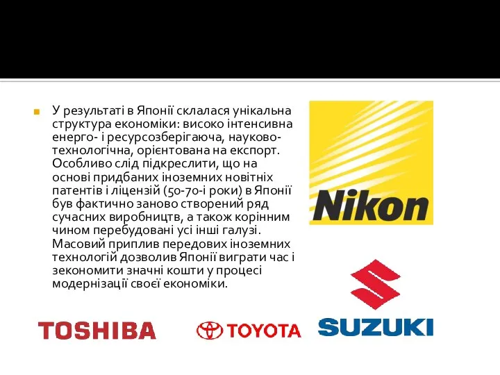 У результаті в Японії склалася унікальна структура економіки: високо інтенсивна енерго-