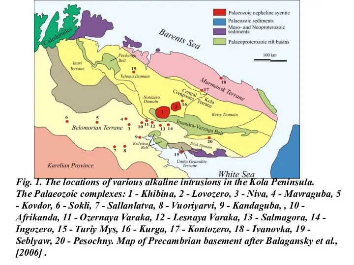 Fig. 1. The locations of various alkaline intrusions in the Kola