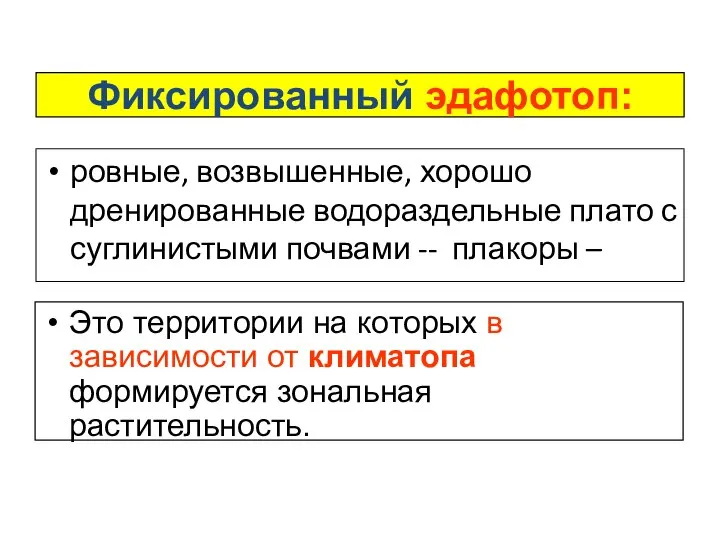 ровные, возвышенные, хорошо дренированные водораздельные плато с суглинистыми почвами -- плакоры