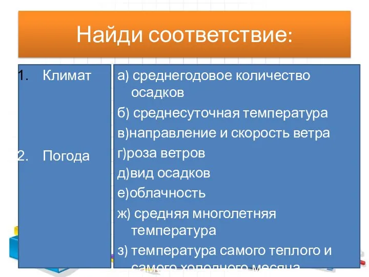 Найди соответствие: Климат Погода а) среднегодовое количество осадков б) среднесуточная температура