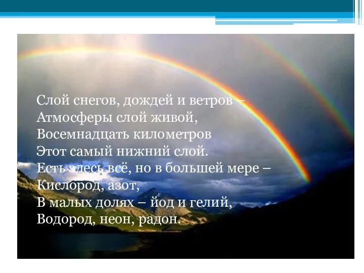 Слой снегов, дождей и ветров – Атмосферы слой живой, Восемнадцать километров