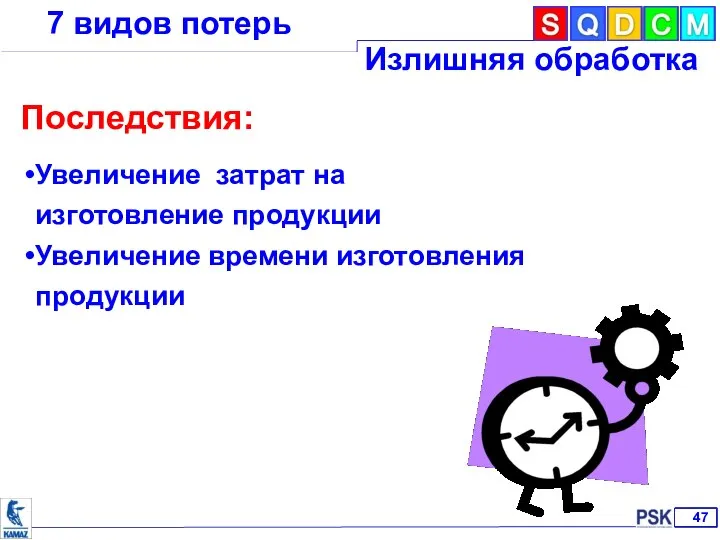 7 видов потерь Излишняя обработка Последствия: Увеличение затрат на изготовление продукции Увеличение времени изготовления продукции 47