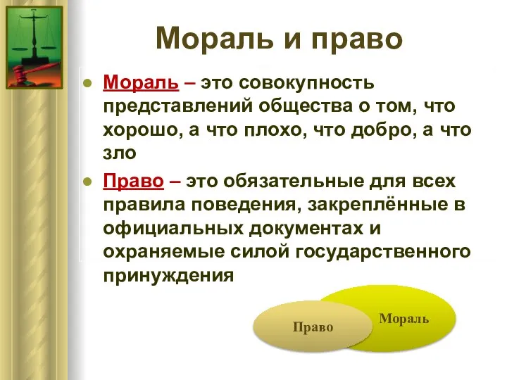 Мораль и право Мораль – это совокупность представлений общества о том,