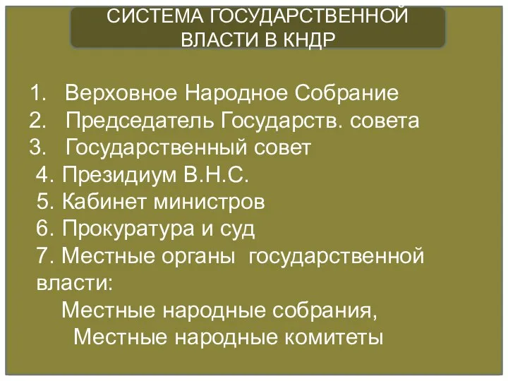 Верховное Народное Собрание Председатель Государств. совета Государственный совет 4. Президиум В.Н.С.