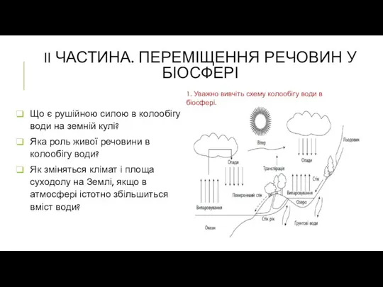 II ЧАСТИНА. ПЕРЕМІЩЕННЯ РЕЧОВИН У БІОСФЕРІ Що є рушійною силою в