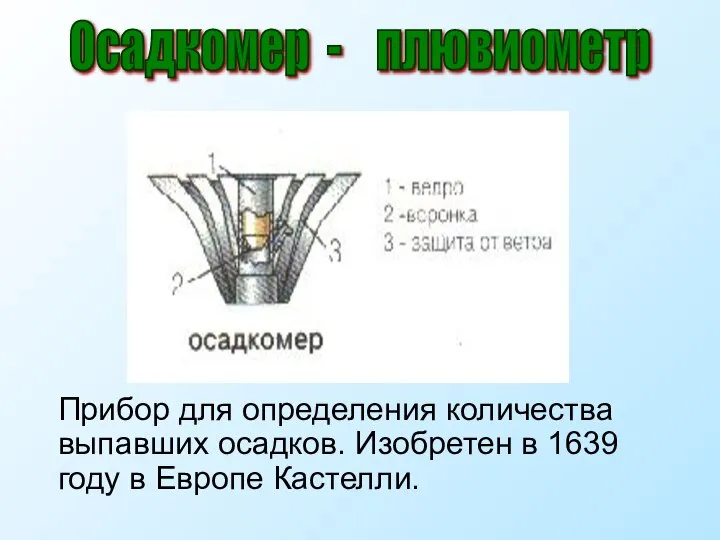 Прибор для определения количества выпавших осадков. Изобретен в 1639 году в Европе Кастелли. Осадкомер - плювиометр