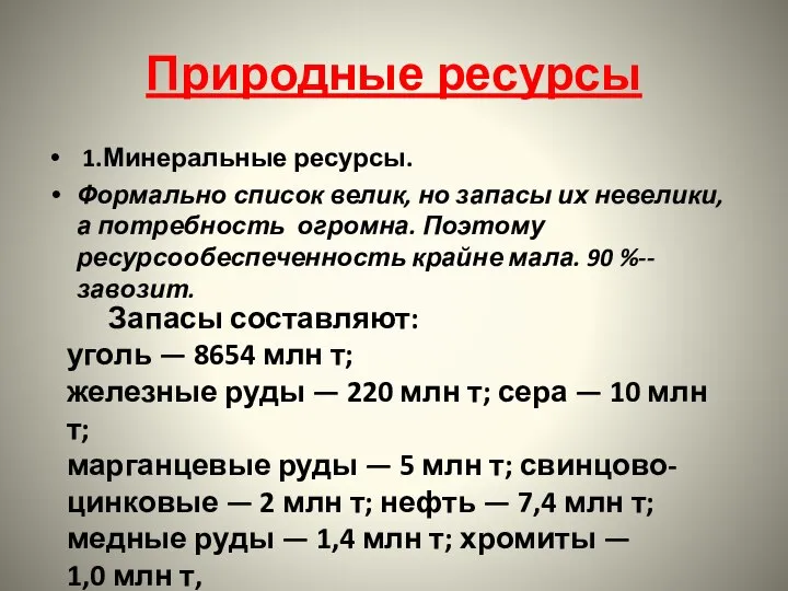 Природные ресурсы 1.Минеральные ресурсы. Формально список велик, но запасы их невелики,