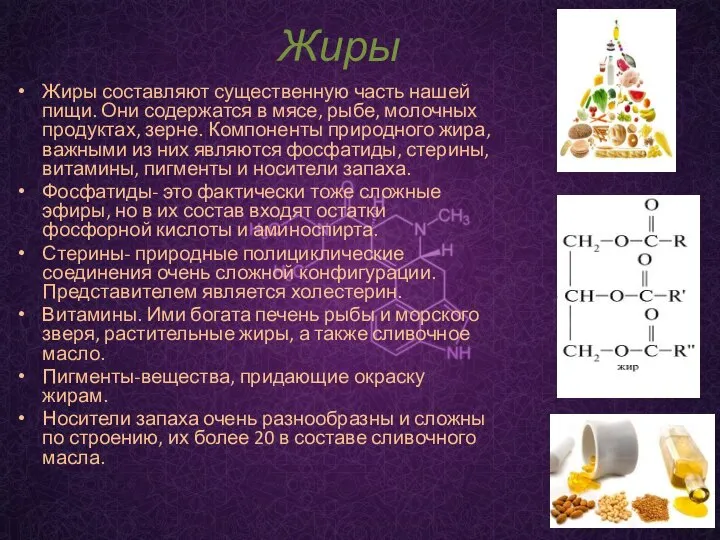 Жиры Жиры составляют существенную часть нашей пищи. Они содержатся в мясе,