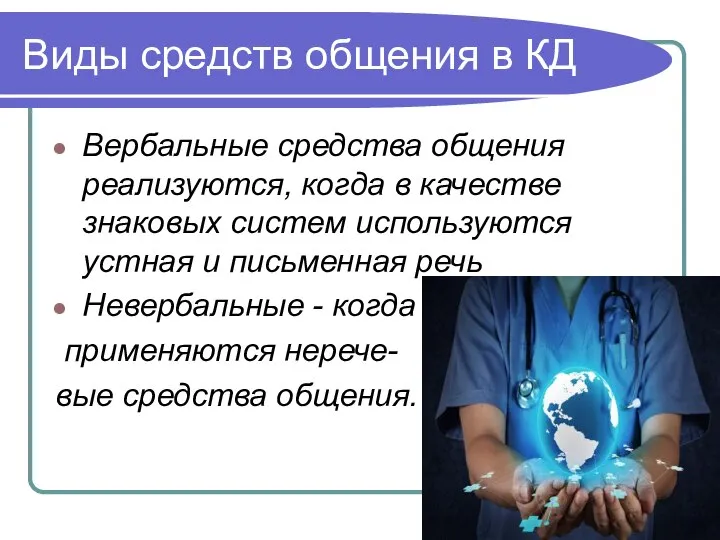 Виды средств общения в КД Вербальные средства общения реализуются, когда в