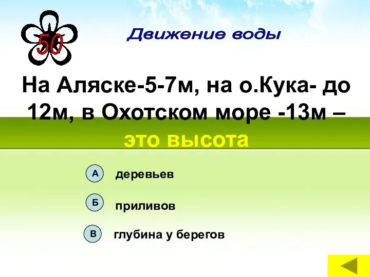 На Аляске-5-7м, на о.Кука- до 12м, в Охотском море -13м – это высота Движение воды