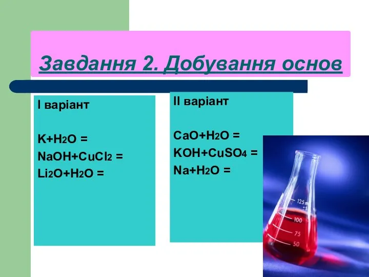 Завдання 2. Добування основ І варіант K+H2O = NaOH+CuCl2 = Li2O+H2O