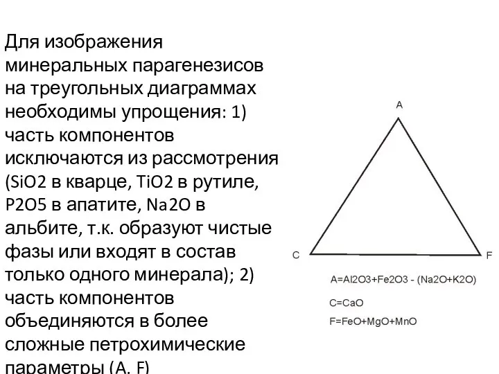 Для изображения минеральных парагенезисов на треугольных диаграммах необходимы упрощения: 1) часть