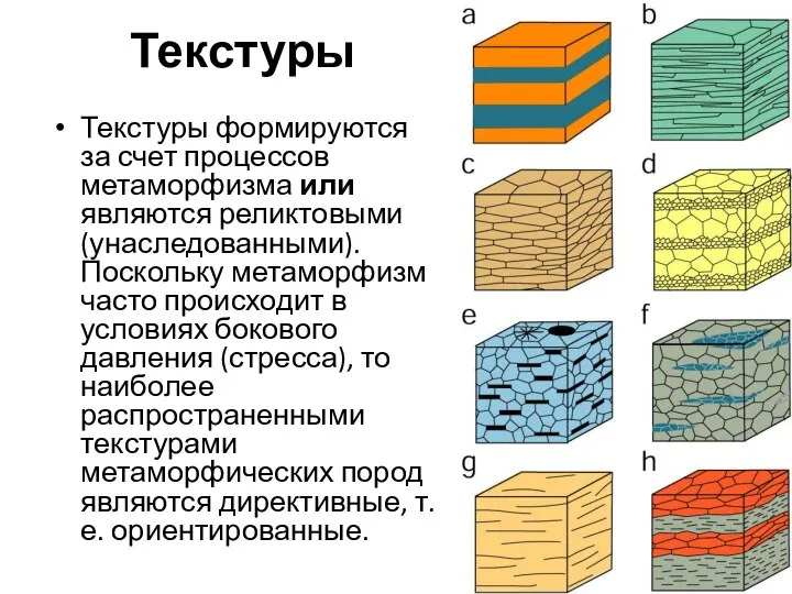 Текстуры Текстуры формируются за счет процессов метаморфизма или являются реликтовыми (унаследованными).