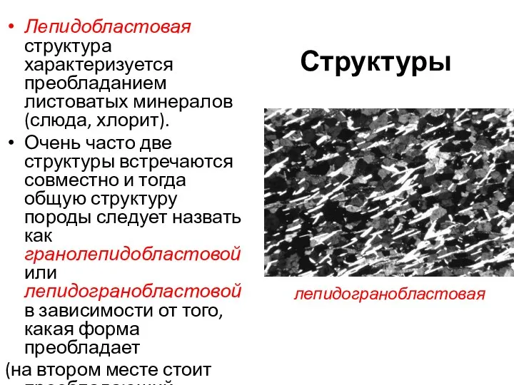 Структуры Лепидобластовая структура характеризуется преобладанием листоватых минералов (слюда, хлорит). Очень часто