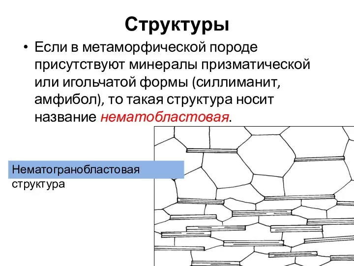 Если в метаморфической породе присутствуют минералы призматической или игольчатой формы (силлиманит,