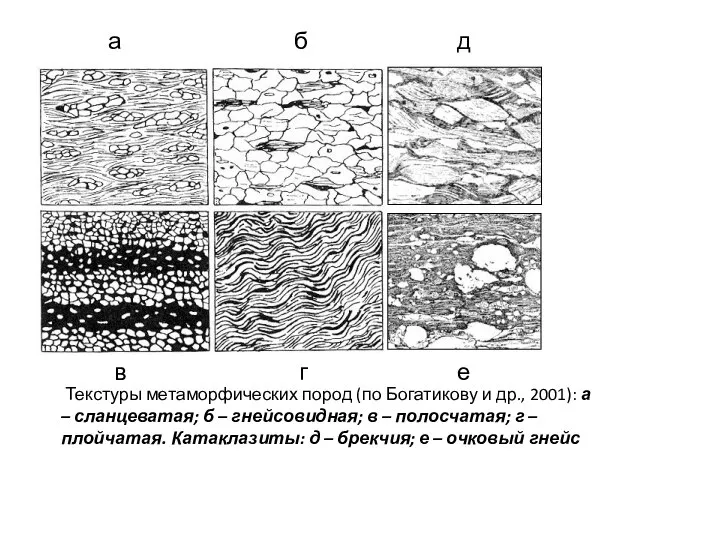 Текстуры метаморфических пород (по Богатикову и др., 2001): а – сланцеватая;