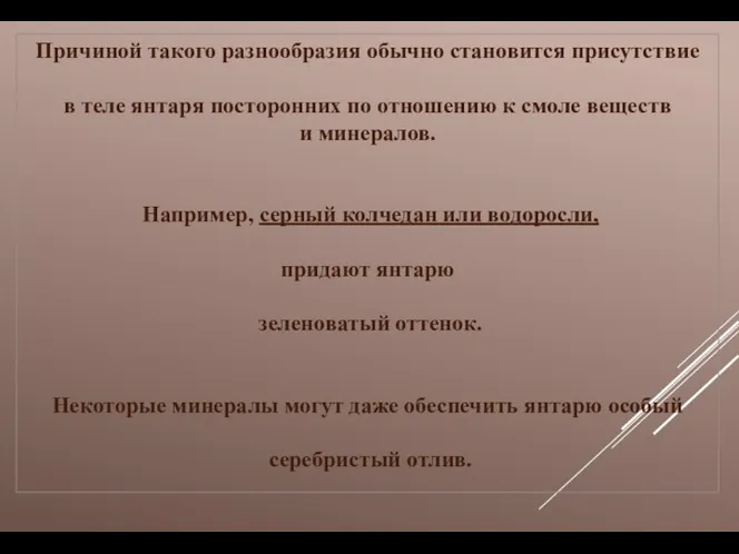 Причиной такого разнообразия обычно становится присутствие в теле янтаря посторонних по