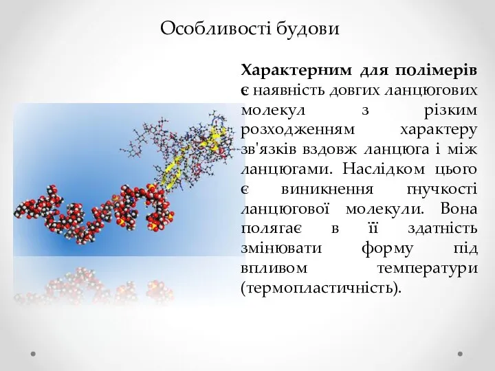 Особливості будови Характерним для полімерів є наявність довгих ланцюгових молекул з