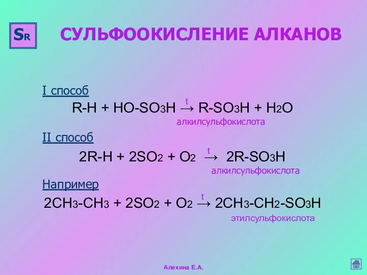 СУЛЬФООКИСЛЕНИЕ АЛКАНОВ алкилсульфокислота I способ II способ Например этилсульфокислота алкилсульфокислота 2R-H