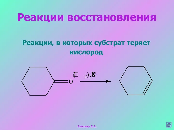 Реакции, в которых субстрат теряет кислород Реакции восстановления Алехина Е.А.