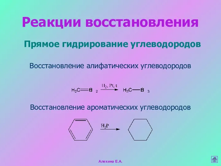 Прямое гидрирование углеводородов Восстановление алифатических углеводородов Восстановление ароматических углеводородов Реакции восстановления Алехина Е.А.