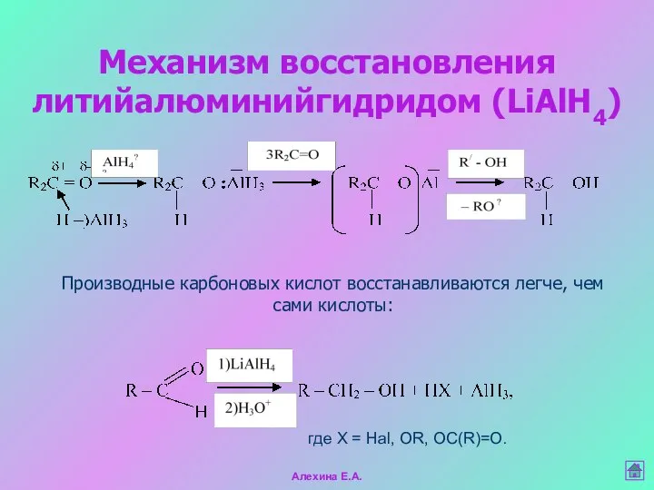 Механизм восстановления литийалюминийгидридом (LiAlH4) где Х = Hal, OR, OC(R)=O. Производные