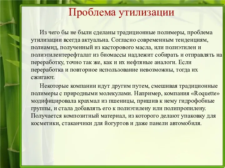 Проблема утилизации Из чего бы не были сделаны традиционные полимеры, проблема