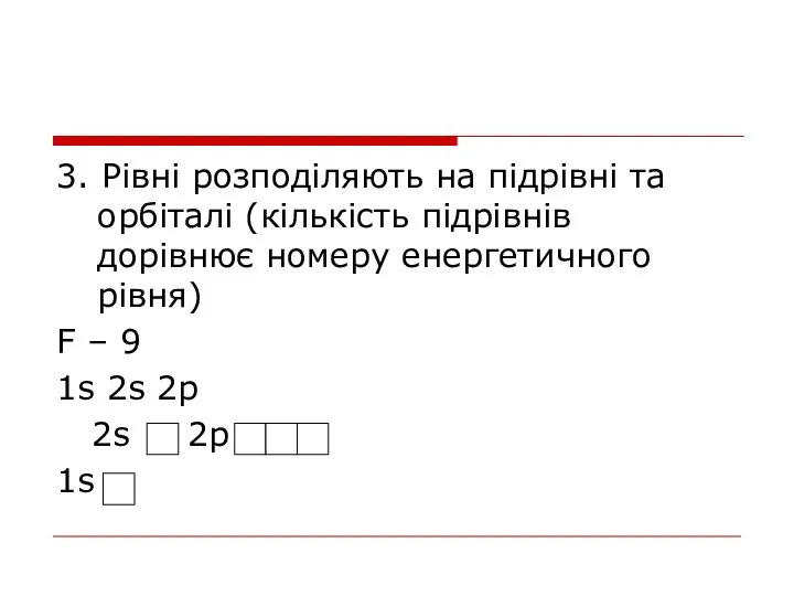 3. Рівні розподіляють на підрівні та орбіталі (кількість підрівнів дорівнює номеру